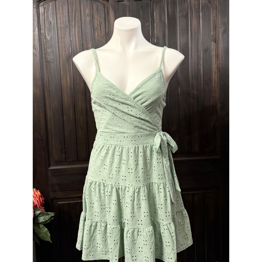 Stiletto's Sage Green Eyelet Wrap Mini Dress Tiered Ruffle Sage Medium